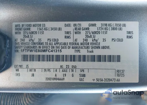 2021 Ford F-150 Xl из США, поврежденный, VIN 1FTFW1E80MFC41315